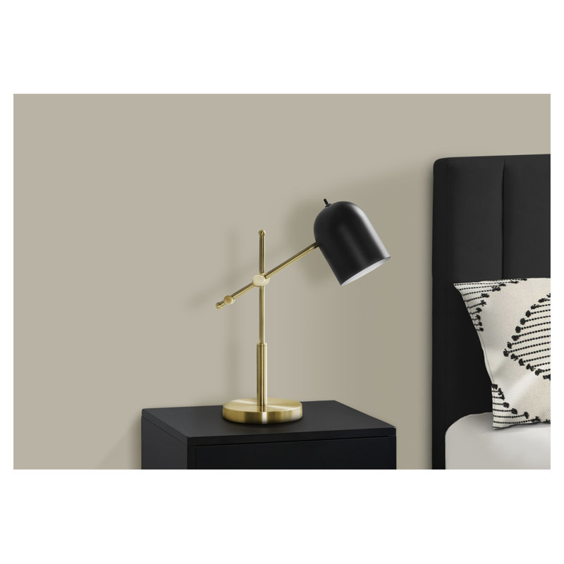 Brass Metal Fixed Arm Table Lamp with Black Shade, 18.5" H