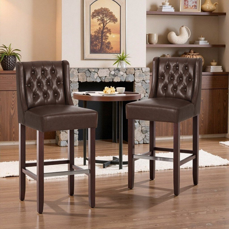 Tabouret de bar 2 pièces avec dossier rembourré et repose-pieds en métal, hauteur de comptoir de 30,5 pouces, Marron foncé