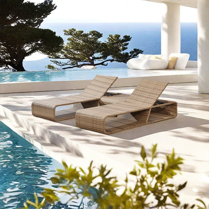 Outdoor Pool Lounge Chair With PE Wicker Outdoor Wicker Chaise Lounge Set with Table