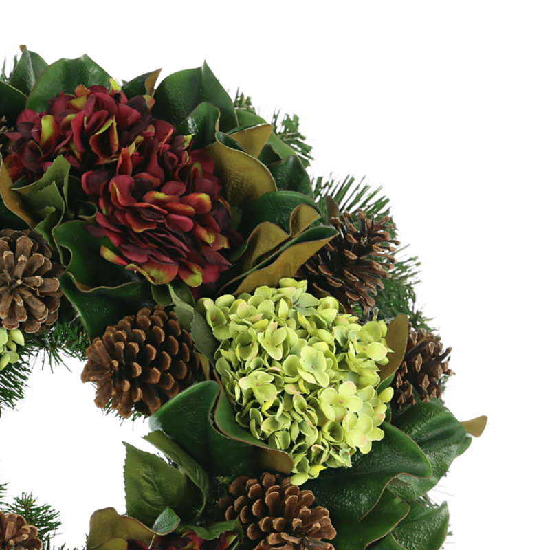 Evergreen Wreath With Mixed Hydrangeas And Pincones