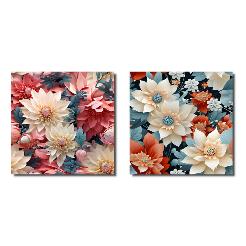 French Romance - motif floral III - ensemble de 2 collages floraux carrés, Toile tendue, H 36 po x l 73 po