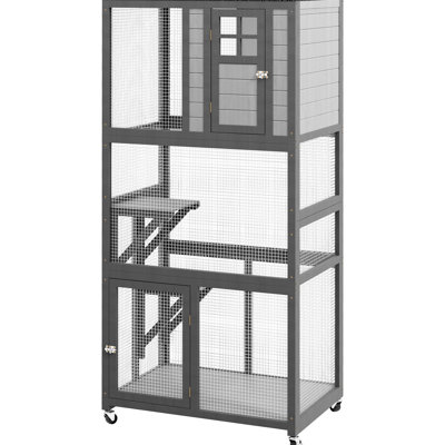 Outdoor Cat - 74" & Mobile, Gray. Spacious For Multiple Cats To Enjoy Outdoors. 13 Lbs. Max Weight Gray House With Wheels. Cozy And Cats. High Capacity