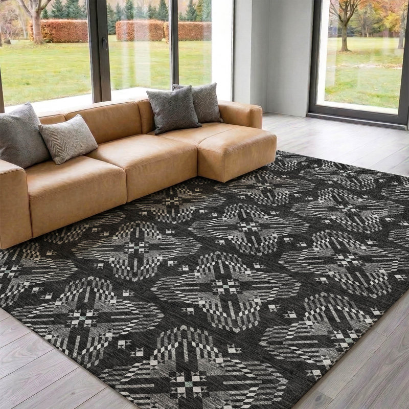 Tapis géométrique Premium lavable à la machine Villers, Black, 10' x 14'