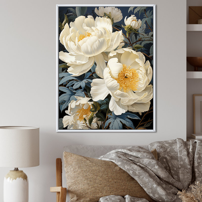 Pivoines botaniques rétro dévoilées sur toile, H 32 po x l 16 po x P 1 po, Cadre flottant blanc