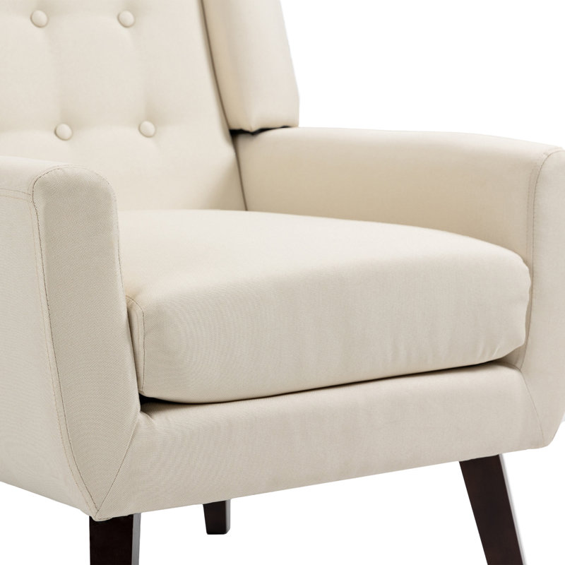 Stephanny 27.5" Wide Tufted Armchair with Solid Wood Legs, White Linen Blend