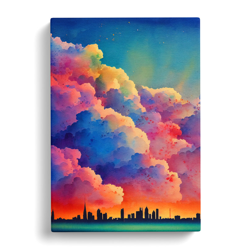 Watercolour City Skyline Clouds No.5 - Wrapped Canvas Graphic Art, 50cm H x 35cm W x 3cm D