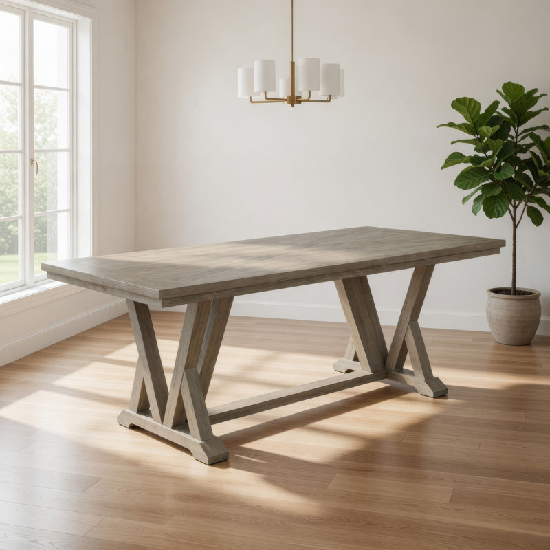 Table de salle à manger Elia avec base à tréteaux, gris acacia 82 pouces