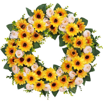Couronne de tournesol pour porte d'entrée - décor floral d'été avec tournesols et pivoines