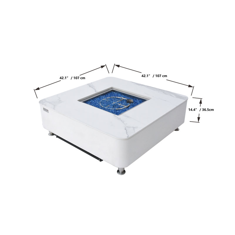 Square Stone Smokeless Outdoor Fireplace, 36.6cm H x 106.9cm W x 106.9cm D, Natural Gas, Bianco White
