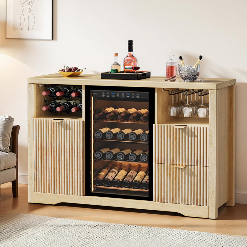 53" L Fluted Coffee Bar Cabinet with Fridge Space & Wine Rack, Natural