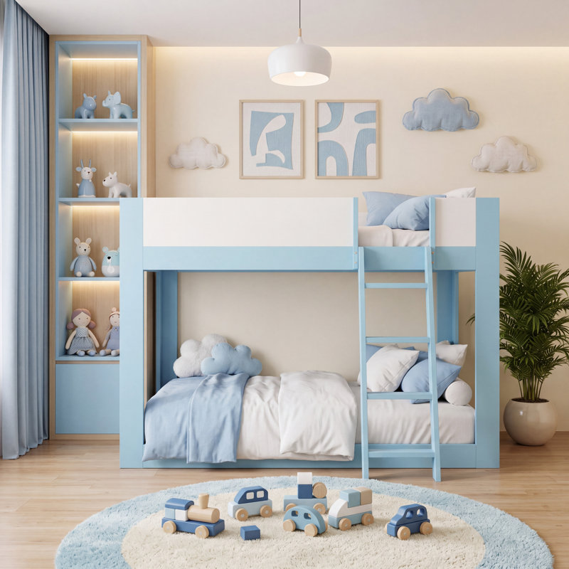 Lit superposé convertible en bois, taille standard, avec échelle réversible et barrières de sécurité, bleu et blanc, Bleu