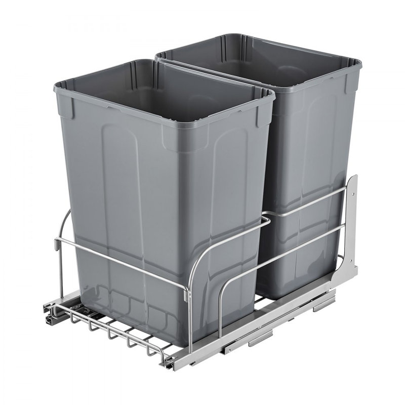 Pull-Out Trash Can, 35 QT x2 Double Under Mount Kitchen Waste Container, Heavy-Duty Garbage Recycling Bin with Door Kit and Soft Close Slide, Sink, Under Counter (Grey), Designed for Kitchen Cabinet