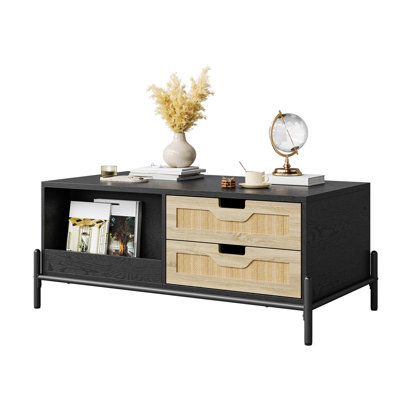Coffee Table with 4 Storage Drawers and 2 Compartments, Wooden Center Table with LED lights, Rectangle Cocktail Table for Home Office Living Room