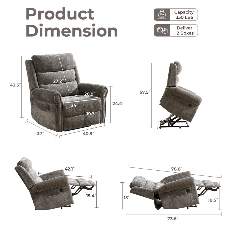 Grace Power Lift Recliner Chair For Elderly With Massage And Heat, Lay Flat Recliner For Big And Tall，Grey, Gray