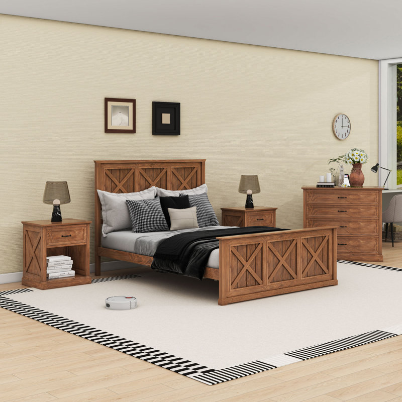 Ensemble de chambre à coucher 4 pièces avec lit plateforme, 2 tables de chevet et commode, Noyer