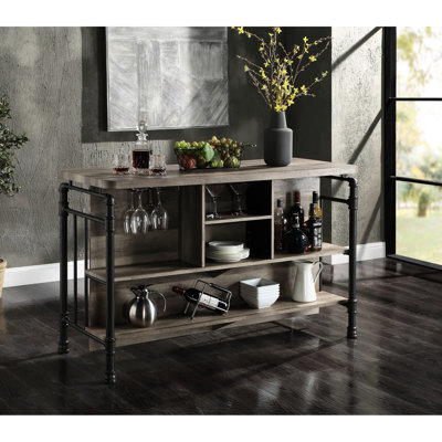 Antique Oak & Sandy Gray Counter Height Table, 6 In. Package Table In Metal Synthetic Wood, 2 Open Compartments
