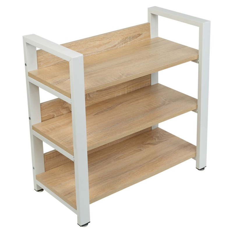 3 Tier Metal & Wood Shelf Shoe Multi Purpose Storage Display Racking Unit, Natural/White