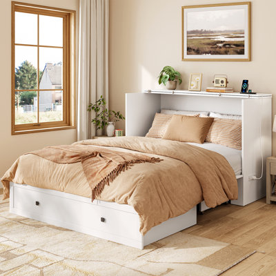 Farmhouse Murphy Bed With Storage,Murphy Bed Cabinet With Build-in Charging Station For Bedroom,Guest Room