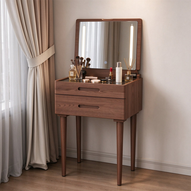 Solid Wood Small Vanity Desk with Mirror and Lights, Walnut
