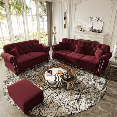 Upholstered Velvet Sofa with Nailhead Trim and Rolled Armrests,Mid-Century Modern Chesterfield Sofa with Button Tufted,Includes 1 ottoman