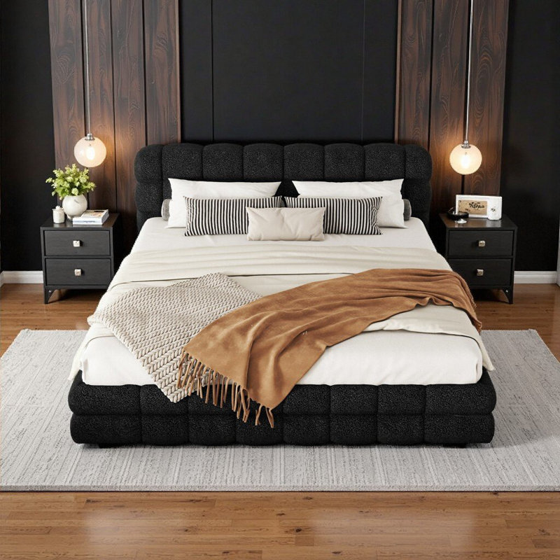 Grand lit plateforme tapissier en noir - Design moderne, aucun sommier nécessaire, Noir