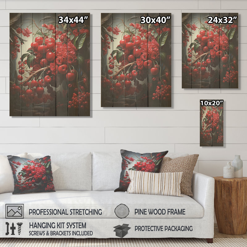 Red Cherry Tree Explosion II - Cerisier sur bois, H 20 po x l 10 po