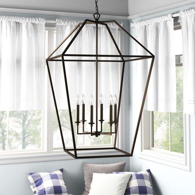 6 - Light Dimmable Lantern Geometric Chandelier, Palladian Bronze, 39.5" H x 24" W x 24" D