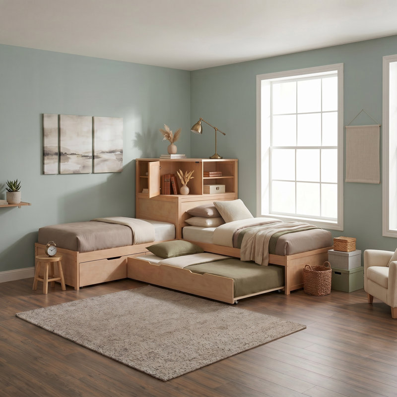 Structure de lit simple en forme de L avec lit gigogne, armoire et tiroirs, lit plateforme en coin 3-en-1 avec bureau encastré et luminaire à DEL, bois de pin + cadre en contreplaqué