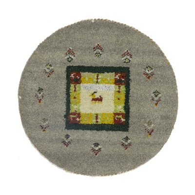 Oriental Round Rug Greige Tribal Small 2X2 Indo-Gabbeh Hand-Knotted Woo