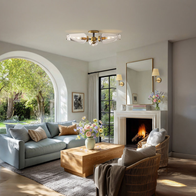 Cadenza Flush Mount – Metal, Glass & Gold, Crystal Clear Sputnik 3-Light Hardwired Dimmable Ceiling Light for Living Room or Hallway in Modern, Mid-Century, and Contemporary Style