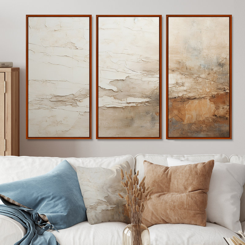 Beige And Brown Paint Fusion - Abstract Canvas Wall Art Set, 28" H x 36" W x 1" D, Brown Floater Framed