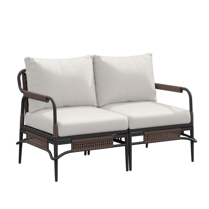 Causeuse d'extérieur en aluminium et osier Fern avec coussins et coussins Sunbrella, Structure gris foncé / coussin beige