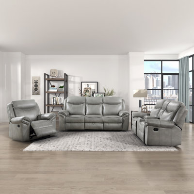 Bayshore Modern & Contemporary Breathable Faux Leather 3-Piece Living Room Set with Integrated Power Console, Tab Pull Recline & USB Charging Ports