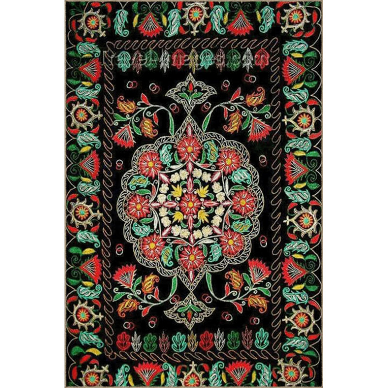 Black Themed Traditional Motif Floral Patterned Vintage Decorative Carpet, Round 4'