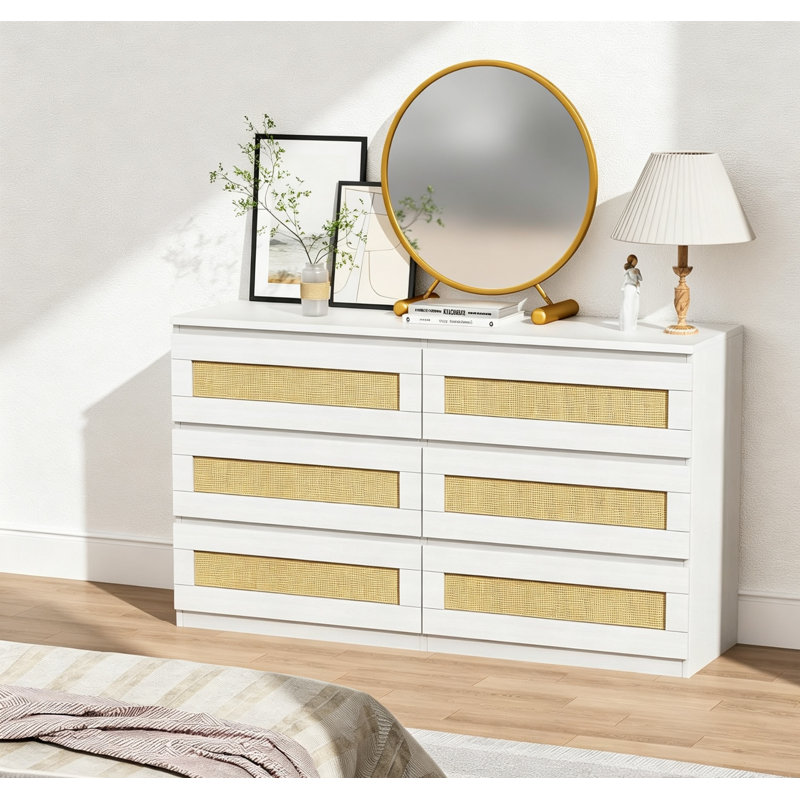 Commode de chambre de bébé en rotin pour chambre à coucher, commode moderne en bois à 6 tiroirs, table d'appoint en bois large