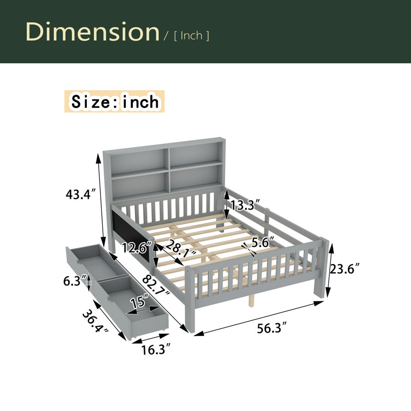 Lit plateforme en bois massif avec tiroirs et tablettes de rangement, amusant et peu encombrant, Lit double, Espresso