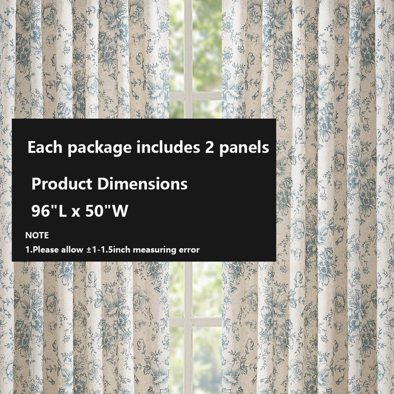 Linen Blend Curtains, Floral,  Back Tab / Rod Pocket, 2 Panels Set, 50" W x 96" L