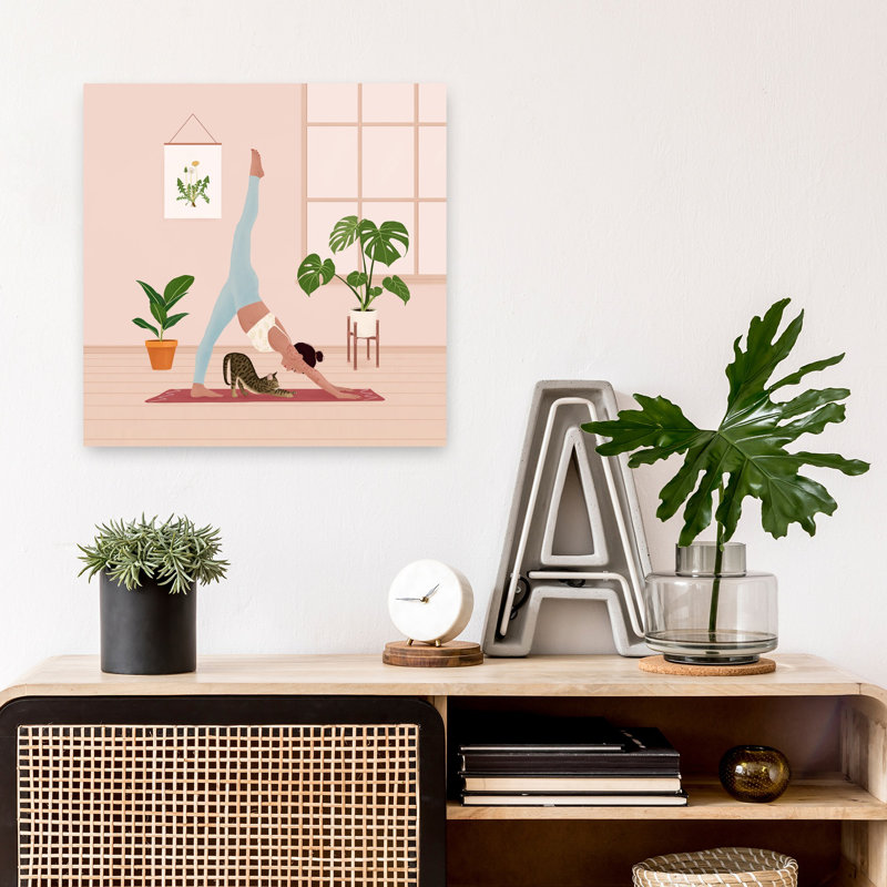 Home Yoga with Cat Peaceful Contemporary Cat Dog Plant, art mural, 18" H x 18" W