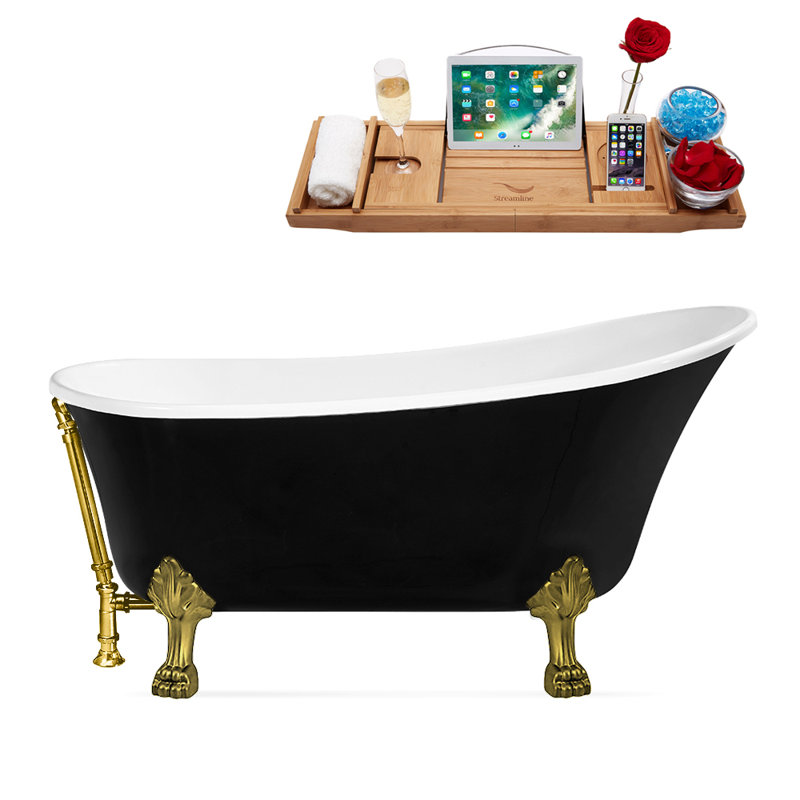 Baignoire de trempage sur pieds 59 "avec drain, pattes et plateau en bambou 59" Streamline, Or poli, Or brossé