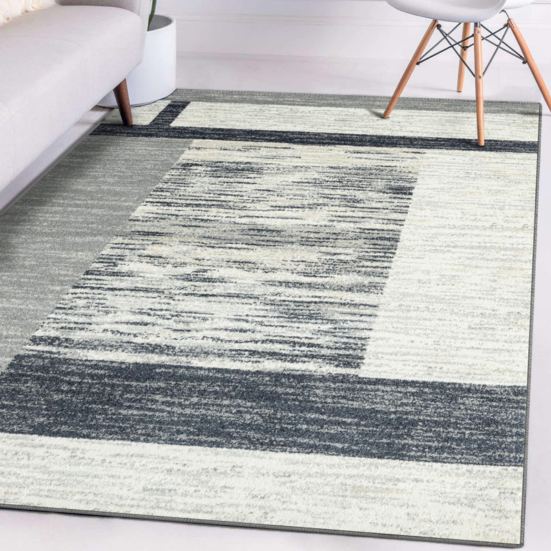 Tapis gris / ivoire à motif géométrique campagnard, Rectangle 5 pi x 7 pi