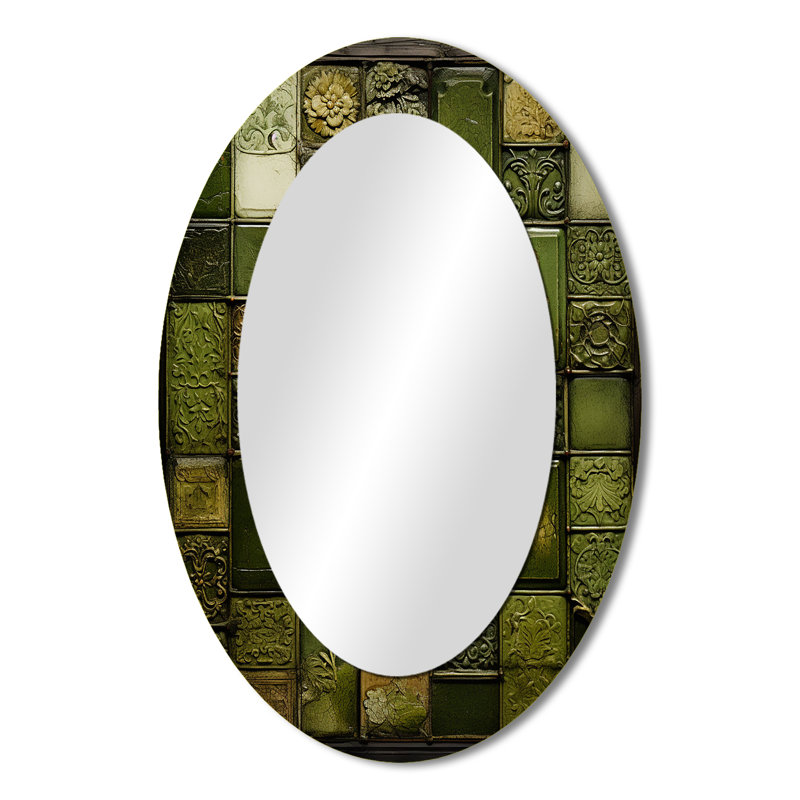 Green Stone Tiles I - Miroir mural ovale moderne vert, H 36 po x l 24 po