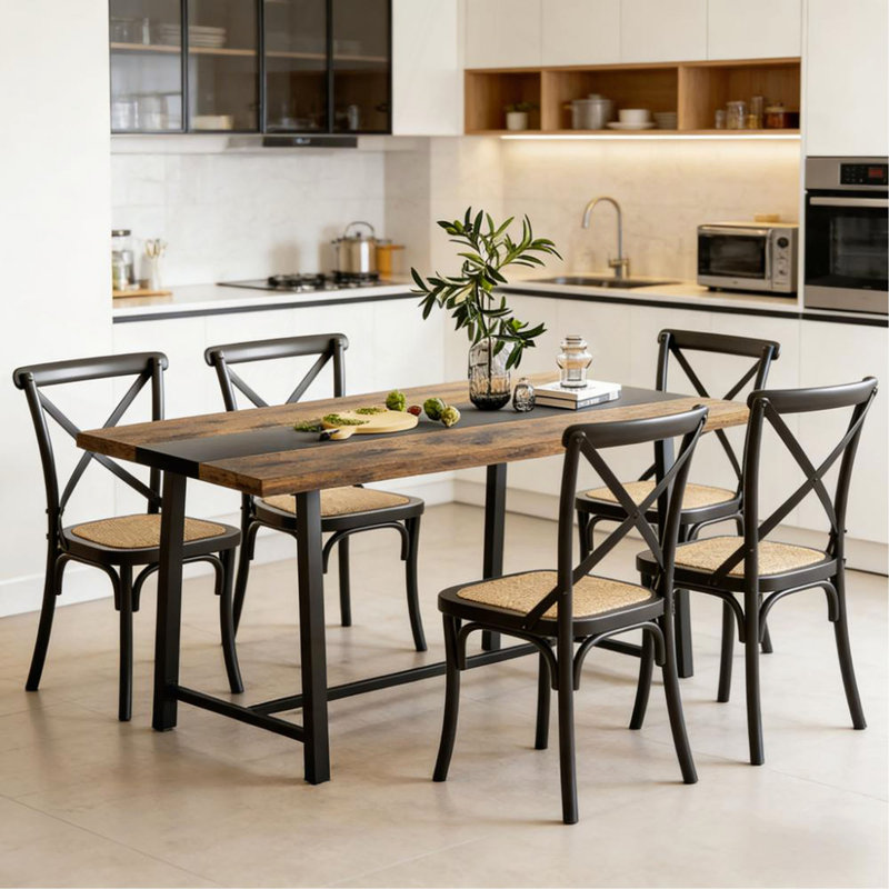 Longue table de salle à manger, table de cuisine avec grand plateau et pieds en acier, pour votre maison, Brun rustique