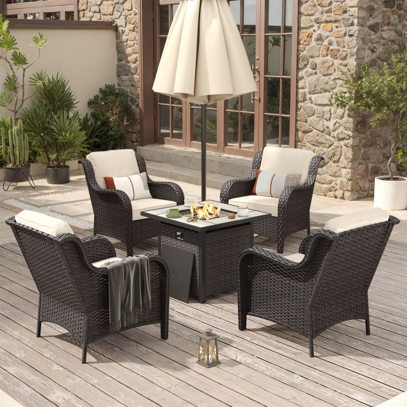 4-Person Outdoor High Back Seating Group With Cushions And Fire Pit,All-Weather Wicker Patio Chair Set, White