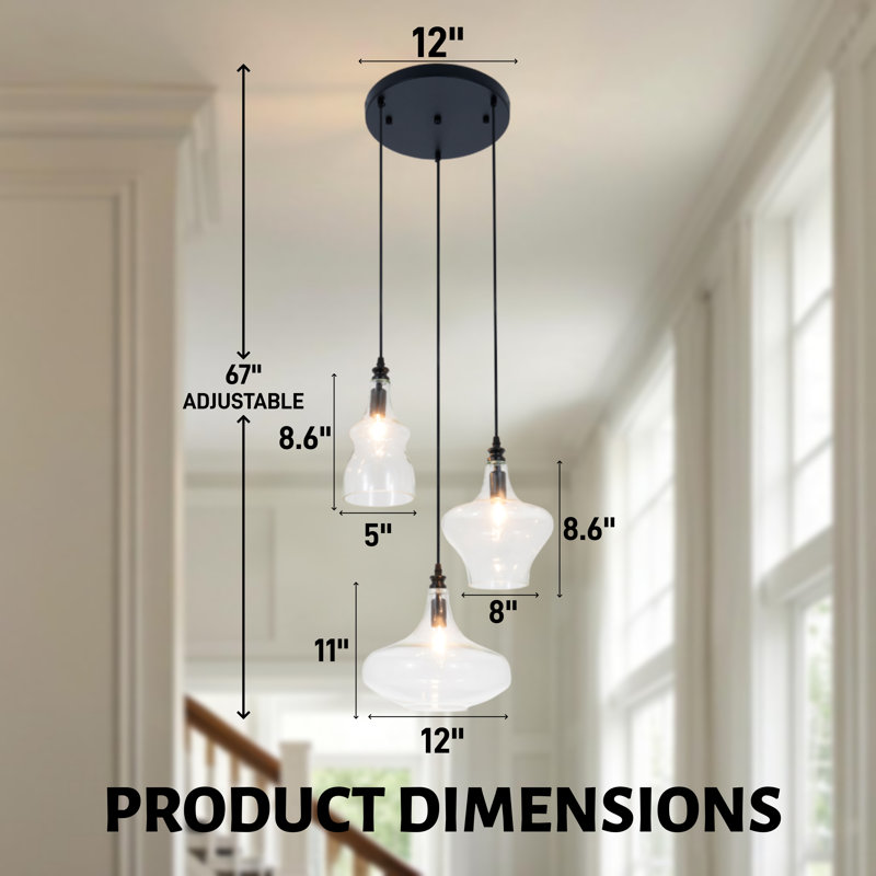 3-Light Cluster Pendant With Clear Glass Shade,Adjustable Length , Without Bulbs