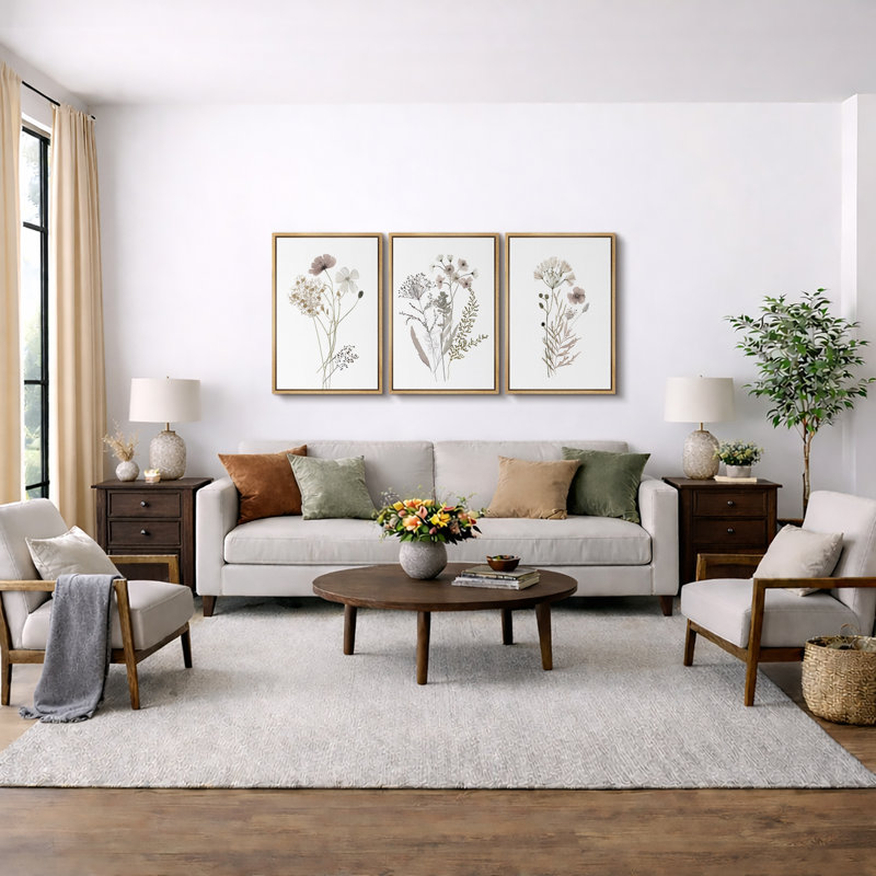 Minimal Botanical "Wildflowers Floral Artwork, Simple Neutral Minimalist Wall Pictures, Large Framed Canvas Giclee Print 3 Pieces Wall Art" 16"x24"x3 pcs, 24"x36"x3 pcs