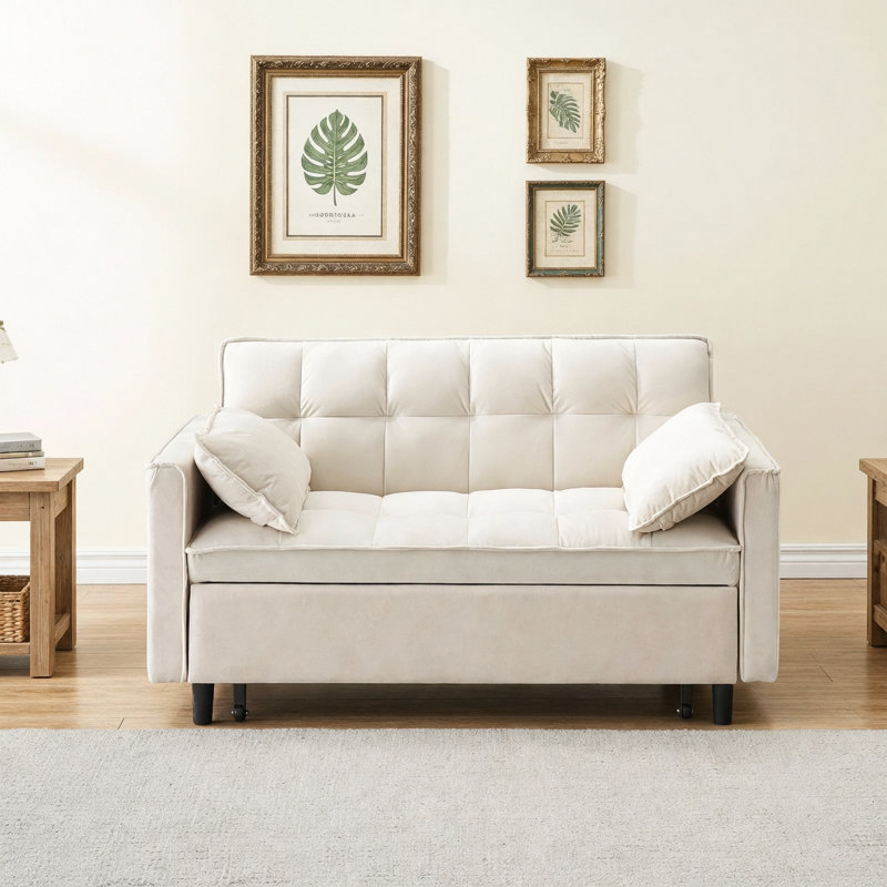 Canapé-lit en velours beige de 55 pouces, élégant et pratique, avec poches de rangement, interprétant intelligemment la conversion trois-en-un