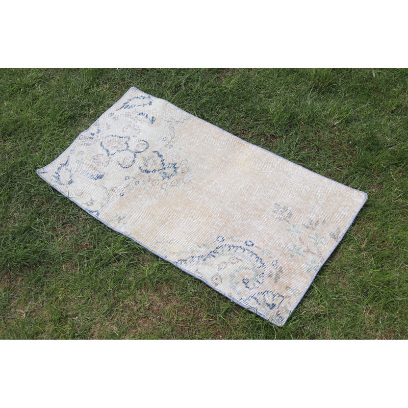 Vintage Small Beige Turkish Oushak Rug with Faded Designs Ideal for Entryways