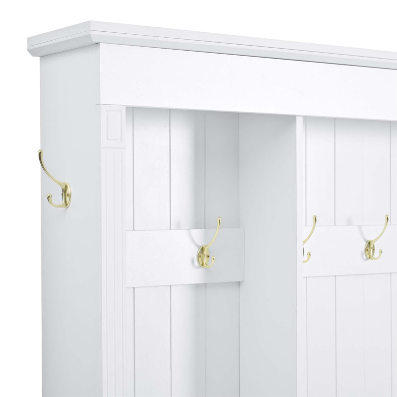 Elegant APP Controlled LED Light Hall Tree With 9 Hooks, Roman Column Design Storage Bench With 3 Large Cabinets, Farmhouse Entryway Organizer With Shelves For Hallway