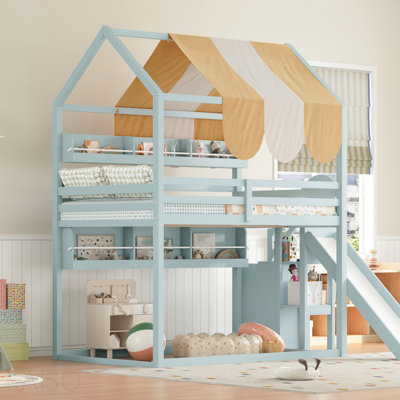 Full Size Bunk Bed With Canopy, Slide & Built-In Bookshelves, Light Green