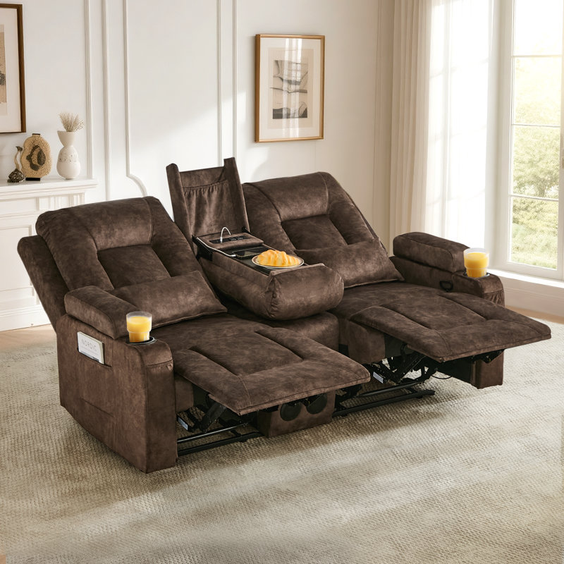 Causeuse inclinable manuelle avec console rabattable, ports de charge, haut-parleurs Bluetooth et lumières DEL, Marron clair
